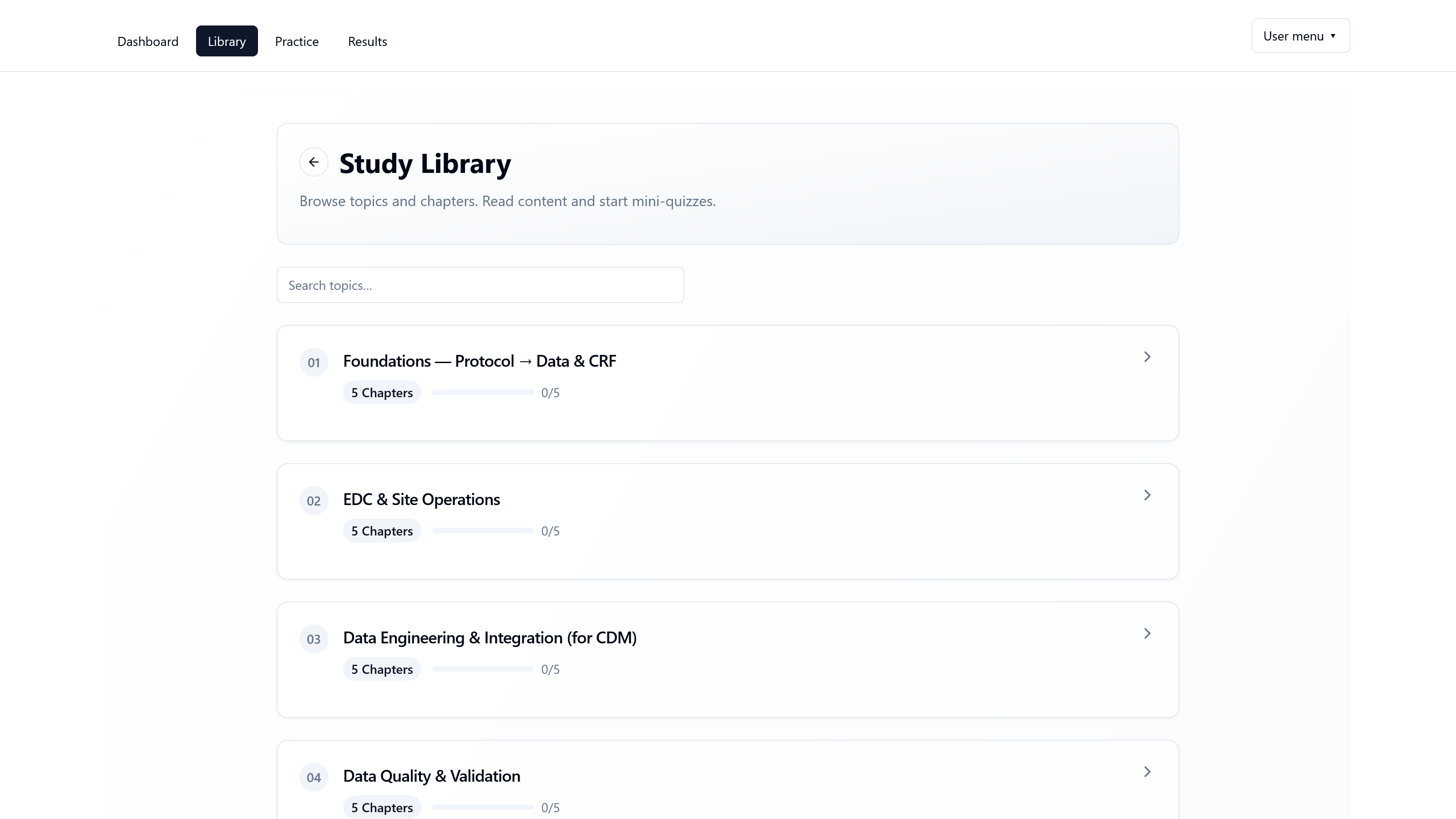 Study Library grid showing topics and chapters